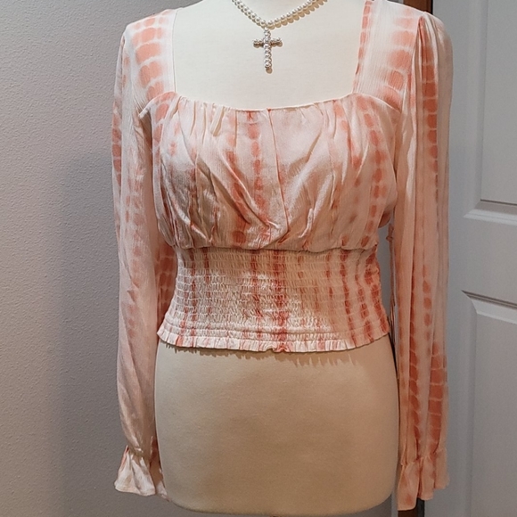 LOVE & PIECE PEACH TIE-DYE CROP TOP GAUZE RUFFLE BOHEMIAN LONG SLEEVE BLOUSE M - Picture 14 of 14